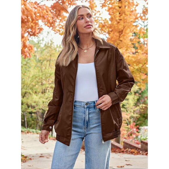 🔥 Women's Caramel Faux Leather Fall Motorcycle Oversized Zipper Jacket - Picture 2 of 5